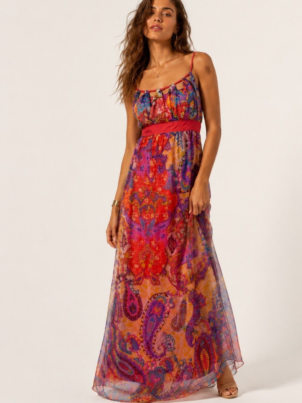 Sue Wong Silk Paisley Maxi Dress Size 6 Y2K Boho Festival Resort Goddess